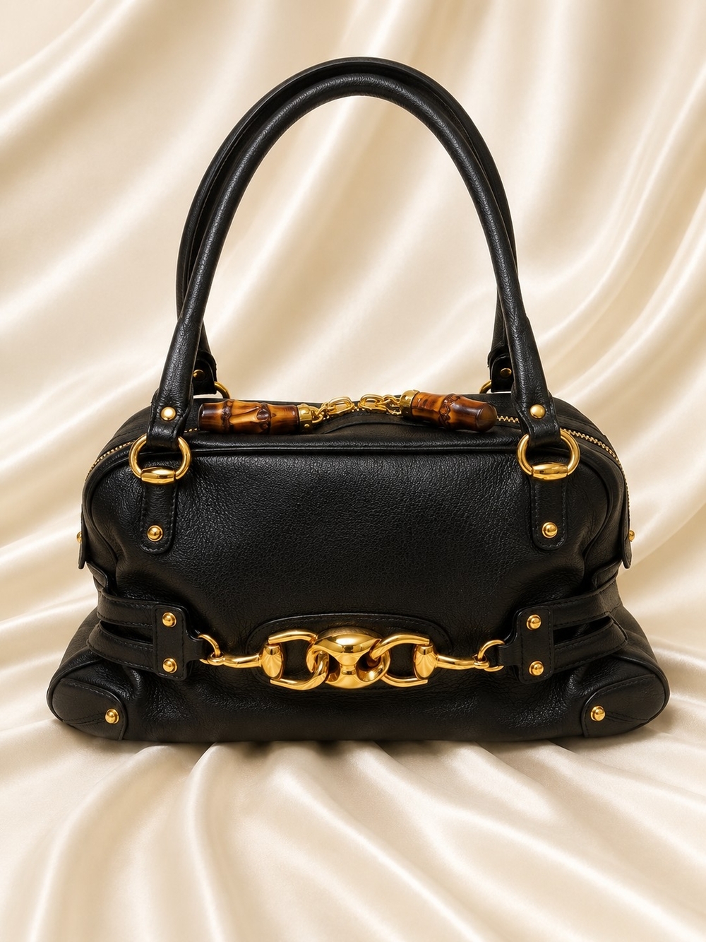 Gucci Tom Ford Era Black Leather Satchel with Gold Hardware and Bamboo Accent